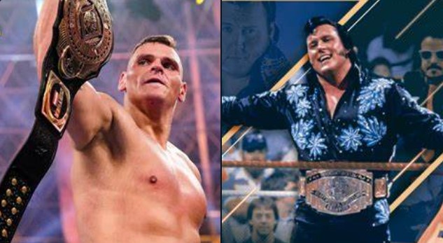Left: Gunther holding the Intercontinental Championship, Right: The Honky Tonk Man wearing the Intercontinental Championship
