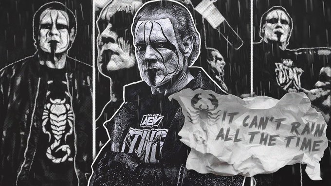 A collage of Sting, in a black and white comic book filter. A torn and wrinkled piece of paper bears a scorpion insignia and reads: "It Can't Rain All the Time".