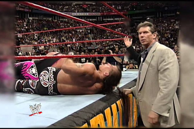 The Montreal Screwjob. Bret Hart, Shawn Michaels, and Vince McMahon are in frame.