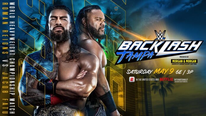 Promotional graphic for WWE Backlash 2026 featuring Roman Reigns, Jacob Fatu, and other WWE Superstars ahead of the event.