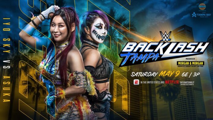 Official WWE Backlash Tampa 2026 promotional graphic featuring IYO SKY and Asuka posing in front of the event logo with a nighttime Tampa skyline background.